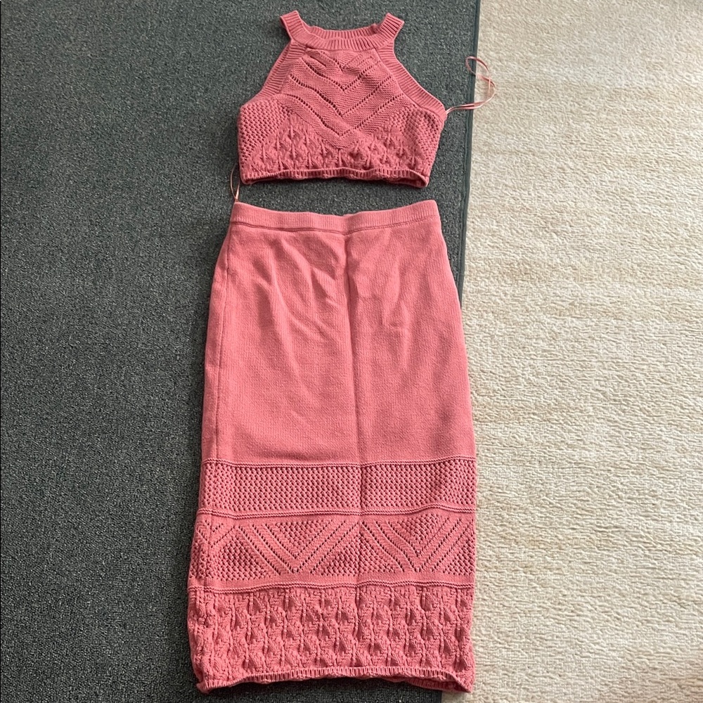 Coral Knit Crop Top and Skirt Set